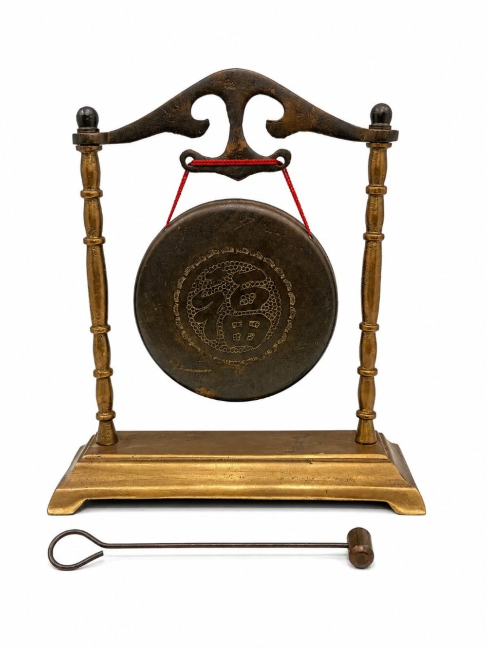 Vintage Ornamental Brass Tabletop Gong with Striker Embossed Lucky Symbol Desk D